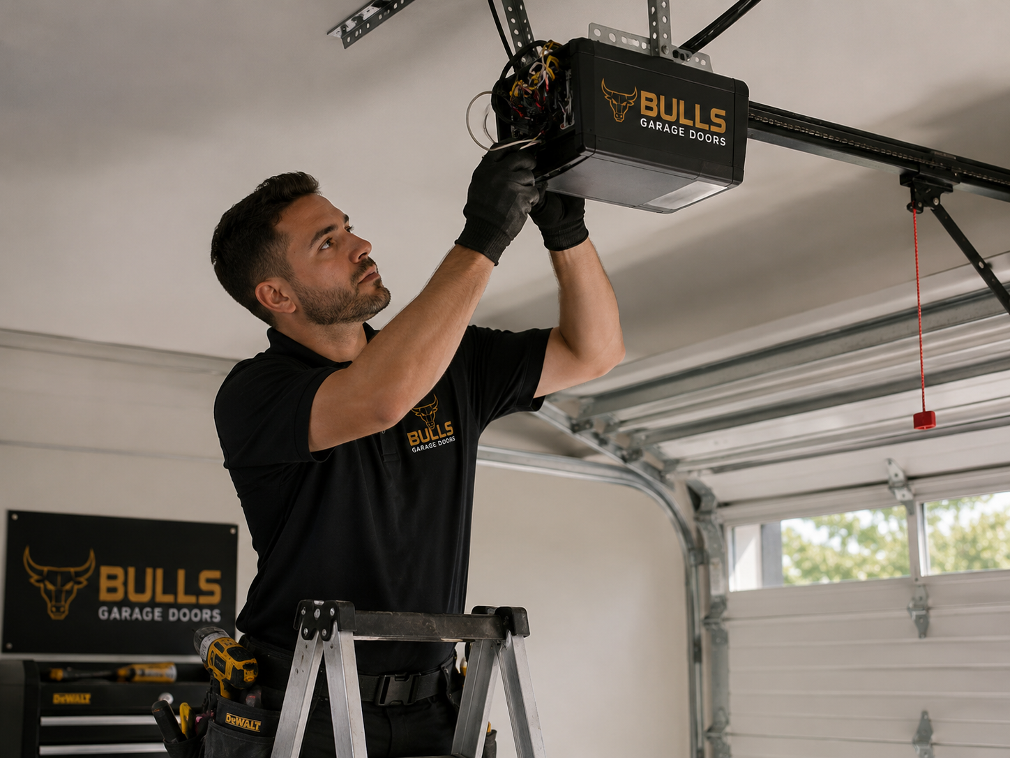Technician repairing garage door opener