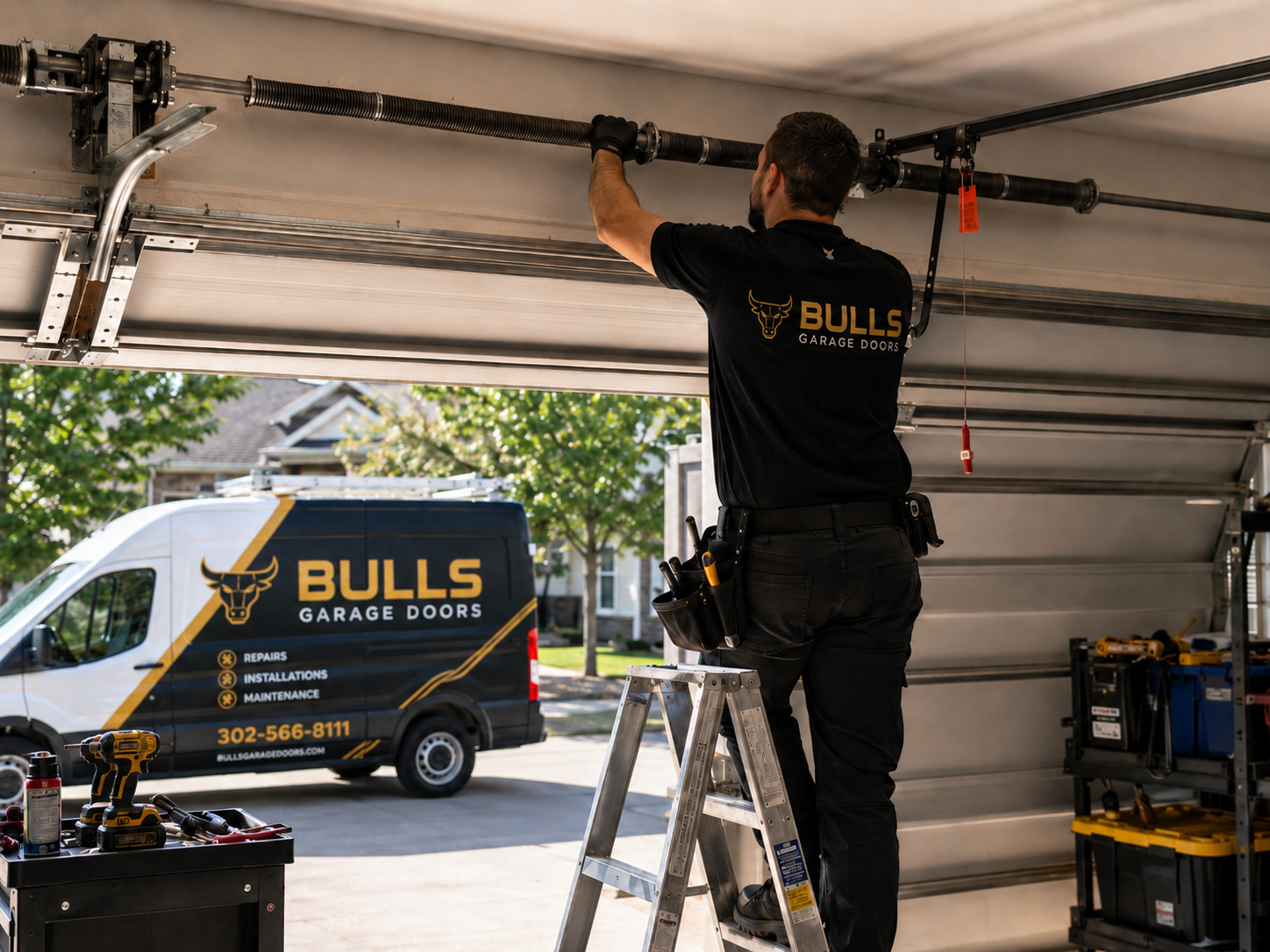 Technician repairing garage door spring