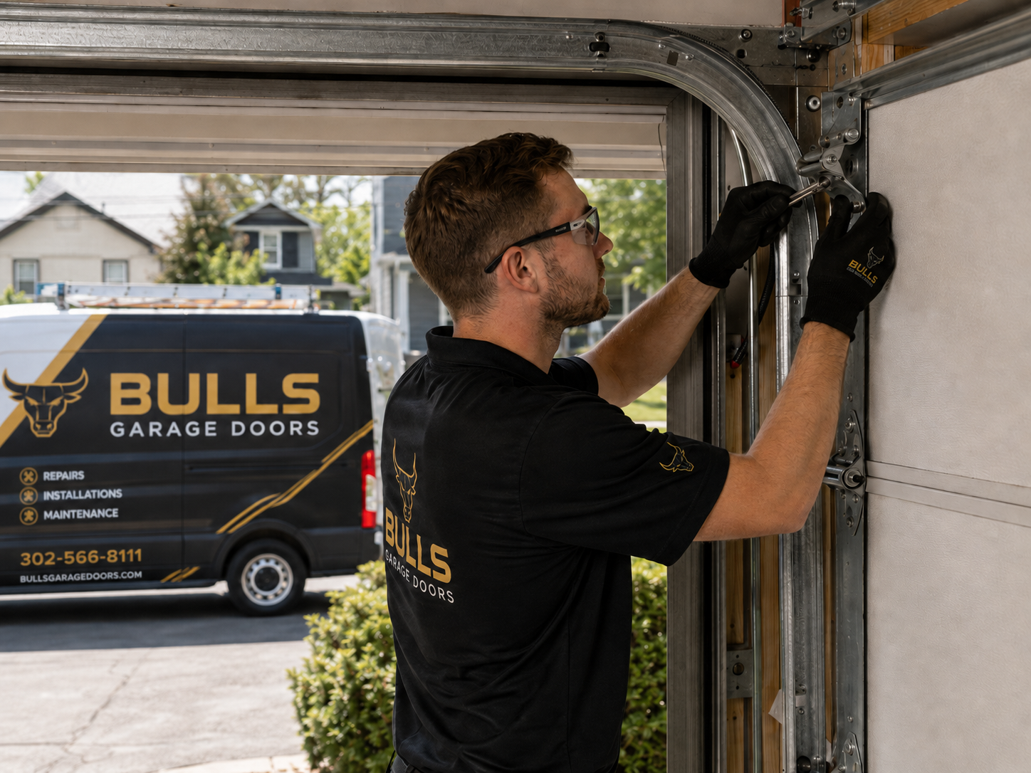Technician adjusting garage door track